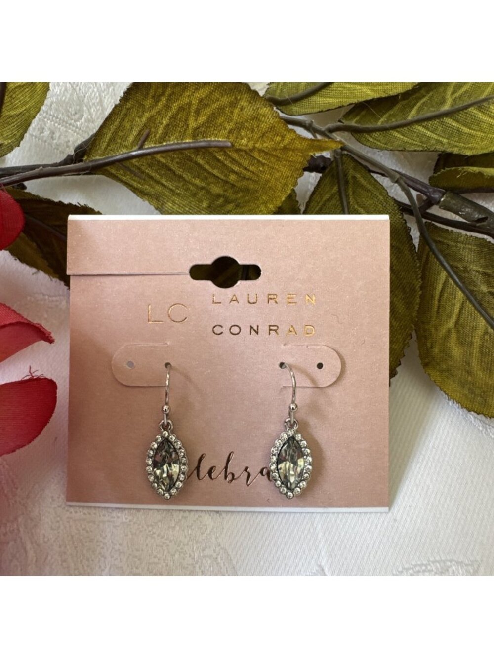 Lauren Conrad Dainty Rhinestone TearDrop Dangle Earrings Silvertone Feminine NEW